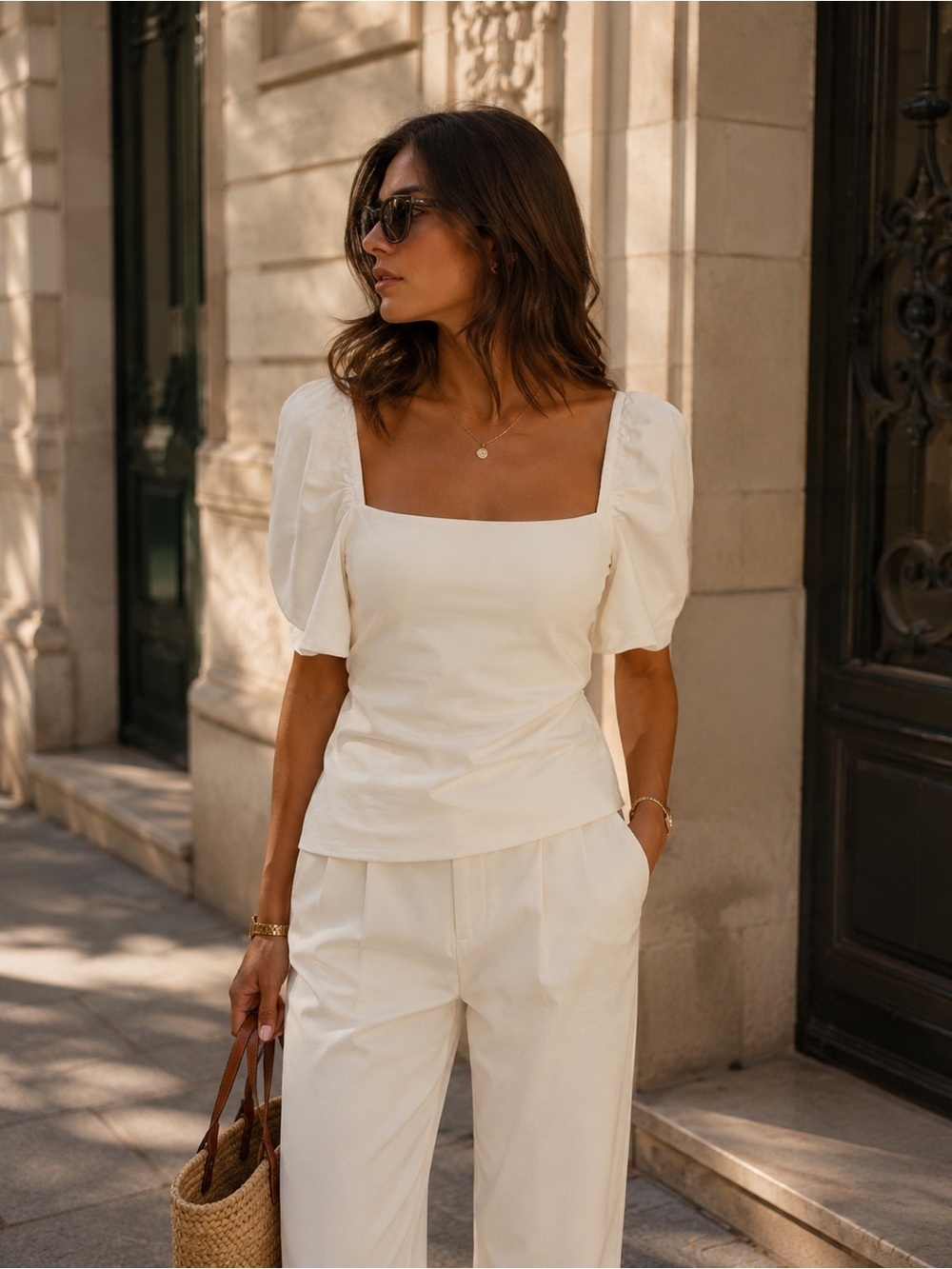 Frame Denim Cream Square-Neck Puff Sleeve Blouse SP